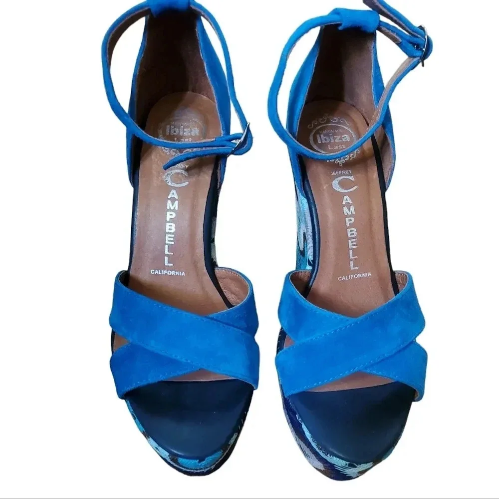 JEFFREY CAMPBELL BLUE CROCHET WEDGE PLATFORM SANDALS, SIZE 7.5
